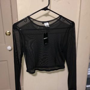 Black mesh long sleeve crop top